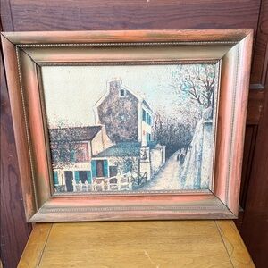 Framed Village Street Canvas Art in Gold and Cream Tones